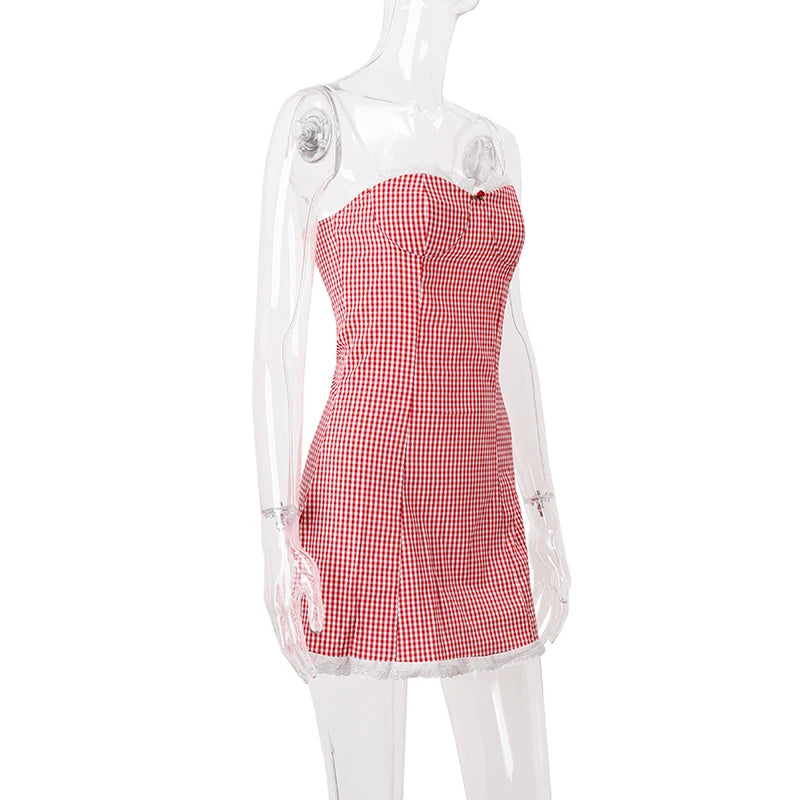 WhereMery Plaid Y2K Lace Vintage Spaghetti Strap Mini Dresses Backless Aesthetic Casual Slim Dress Evening Party Summer Vestidos
