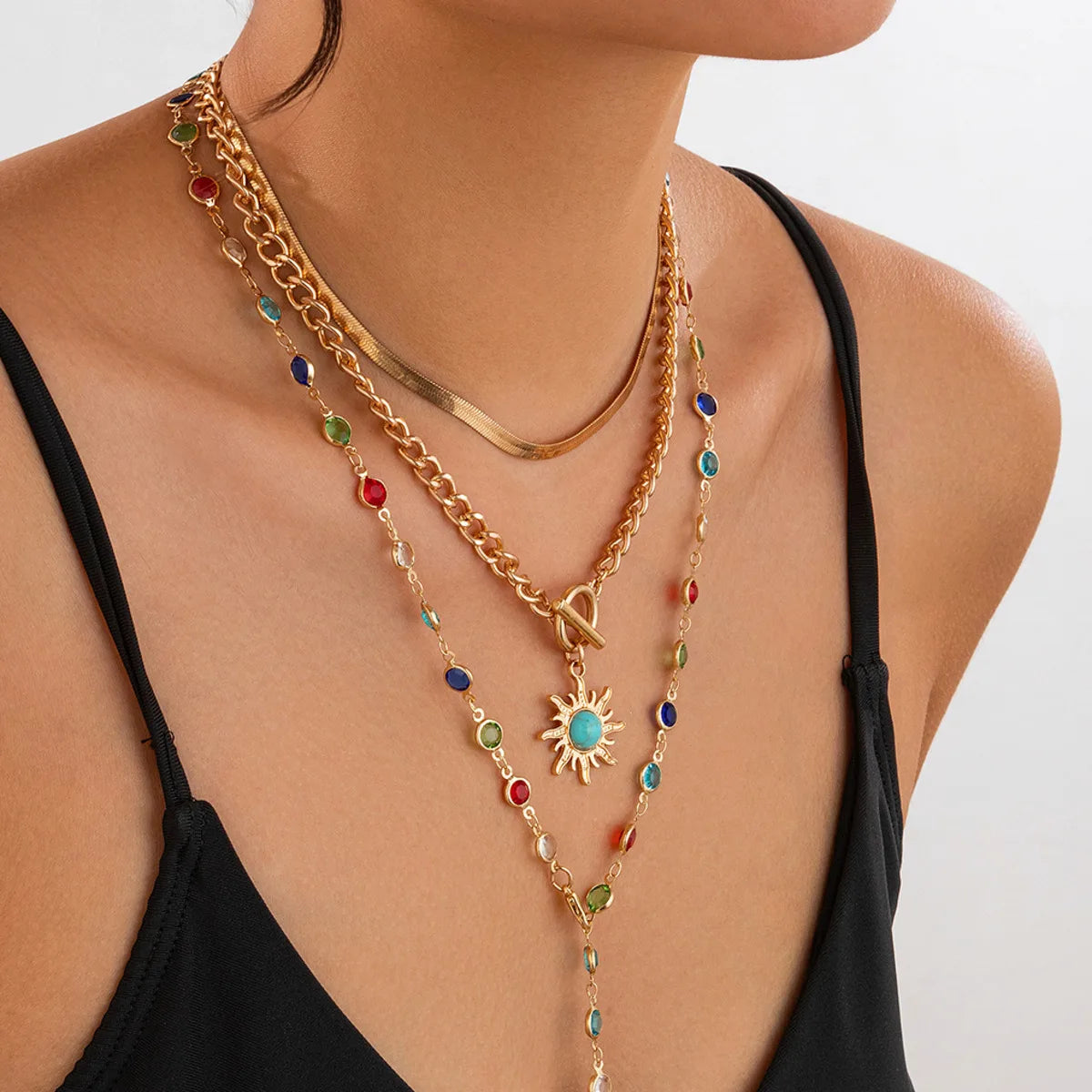 Boho Sunflower Crystal Necklace Set 3 in 1