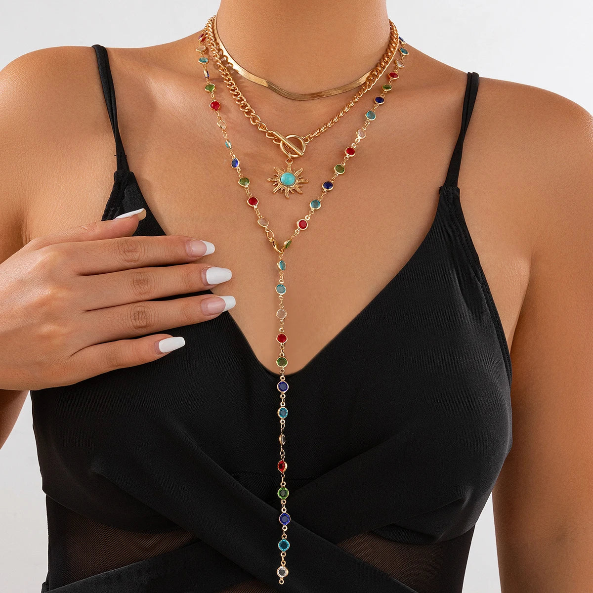Boho Sunflower Crystal Necklace Set 3 in 1