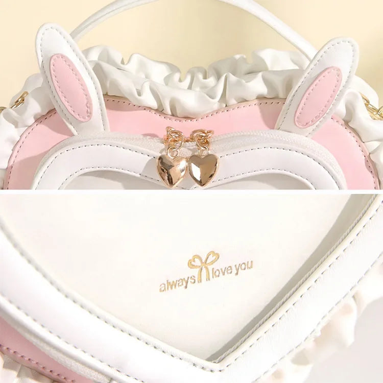 Heart-Shaped Rabbit Ear Clear Shoulder Bag – Pink or Light Blue Kawaii Purse
