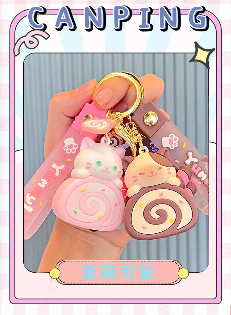 Cute Cat Egg Roll Key Chain Kawaii Kitty Cake Doll School Bag Accessories Keyring Cartoon Pendant Keyfob for Couple Jewelry Gift