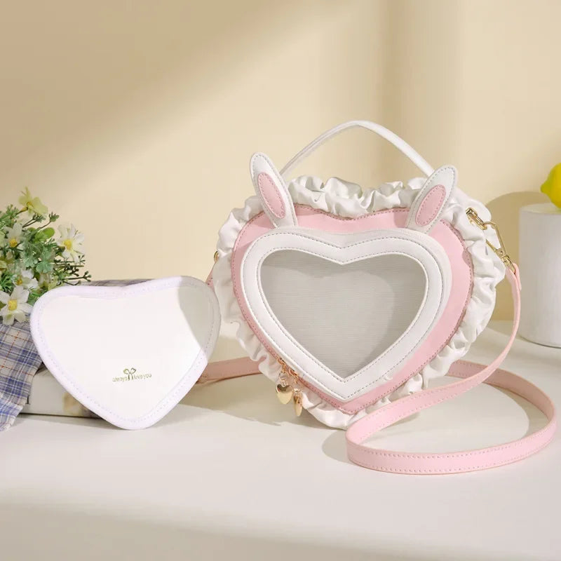 Heart-Shaped Rabbit Ear Clear Shoulder Bag – Pink or Light Blue Kawaii Purse