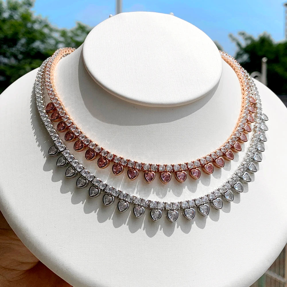 2025 Valentine's Day 3 Color Bezel Heart Shaped Charm 3MM CZ Tennis Chain 16inches Choker Women Iced Out Bling Necklace