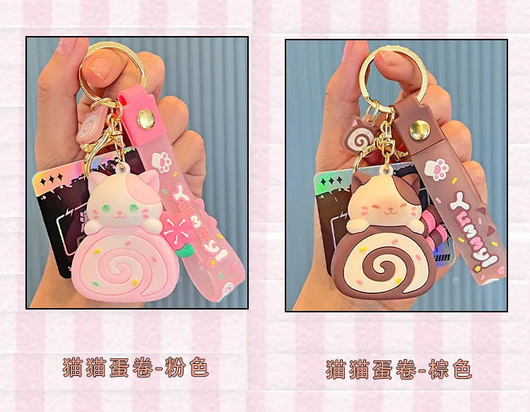 Cute Cat Egg Roll Key Chain Kawaii Kitty Cake Doll School Bag Accessories Keyring Cartoon Pendant Keyfob for Couple Jewelry Gift