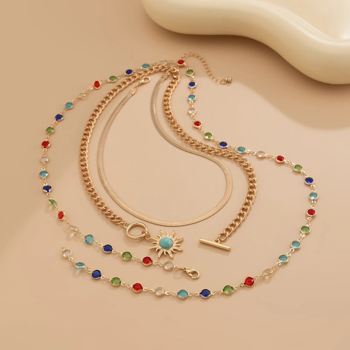 Boho Sunflower Crystal Necklace Set 3 in 1