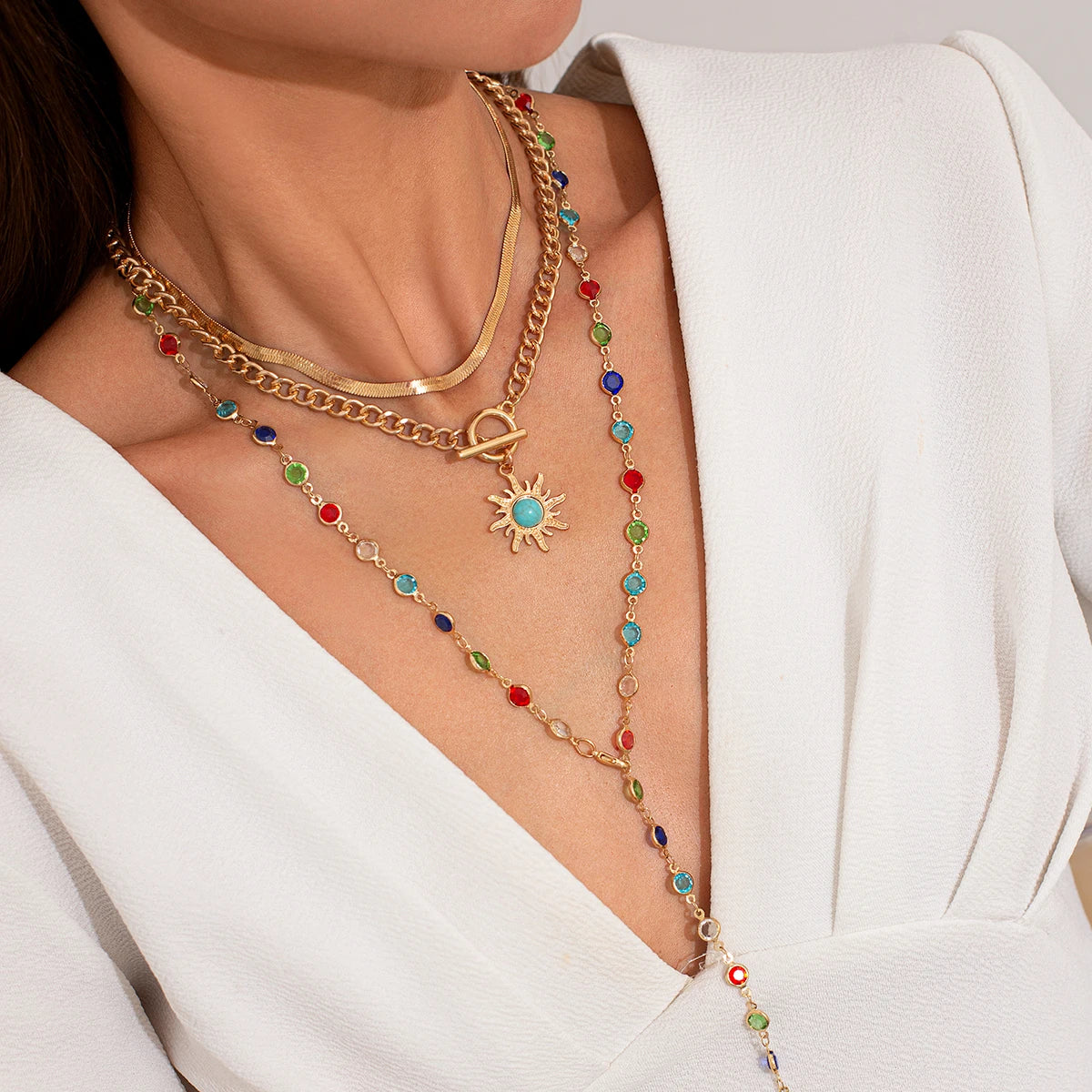 Boho Sunflower Crystal Necklace Set 3 in 1