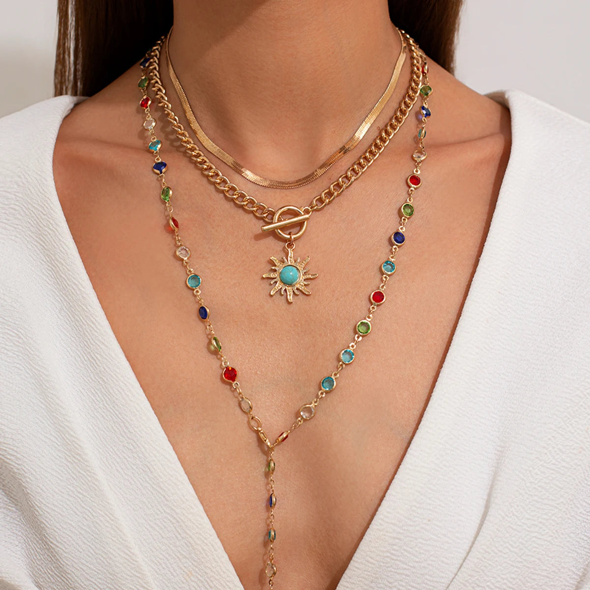Boho Sunflower Crystal Necklace Set 3 in 1