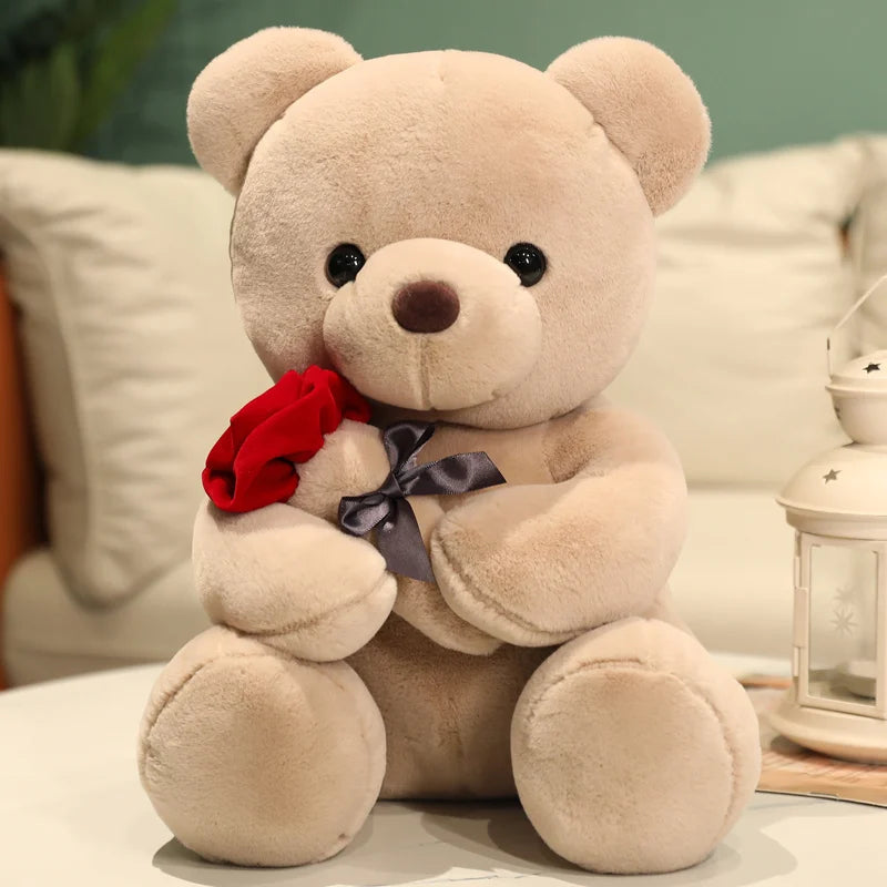 Kawaii Love Bear Plush – Soft Stuffed Animal with Rose for Gifts & Decor
