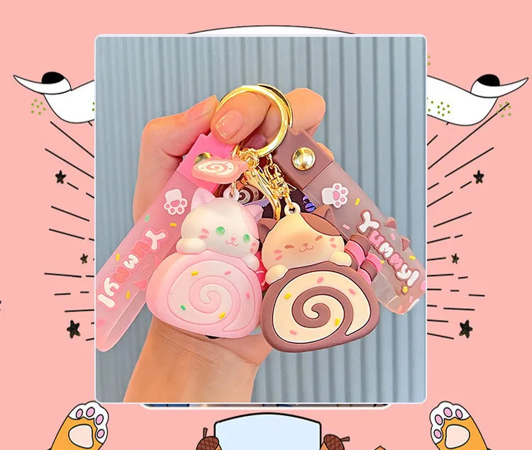 Cute Cat Egg Roll Key Chain Kawaii Kitty Cake Doll School Bag Accessories Keyring Cartoon Pendant Keyfob for Couple Jewelry Gift