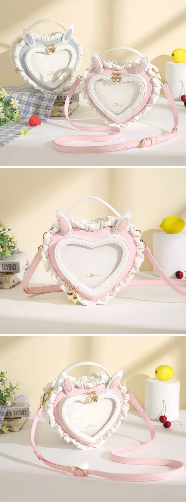 Heart-Shaped Rabbit Ear Clear Shoulder Bag – Pink or Light Blue Kawaii Purse