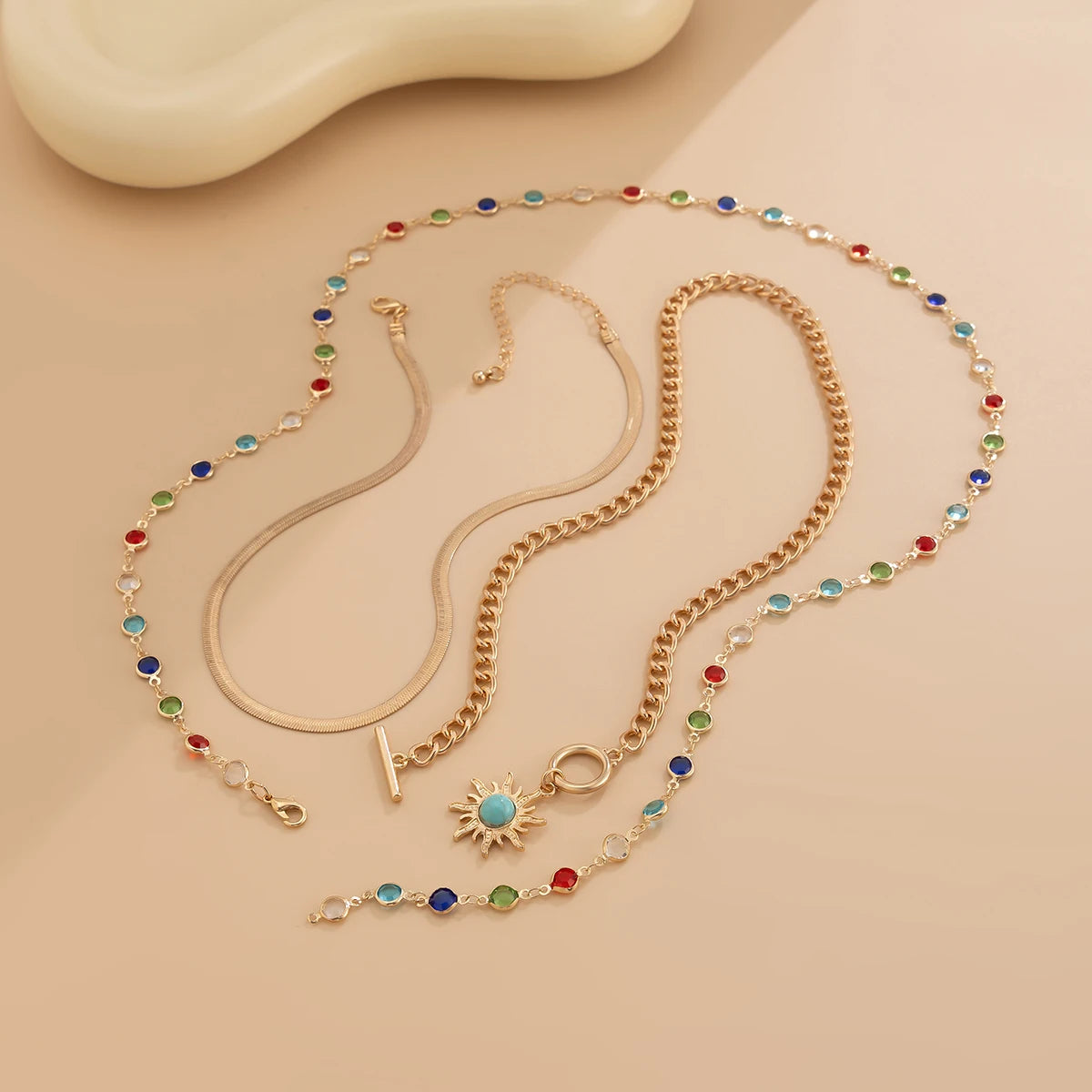Boho Sunflower Crystal Necklace Set 3 in 1