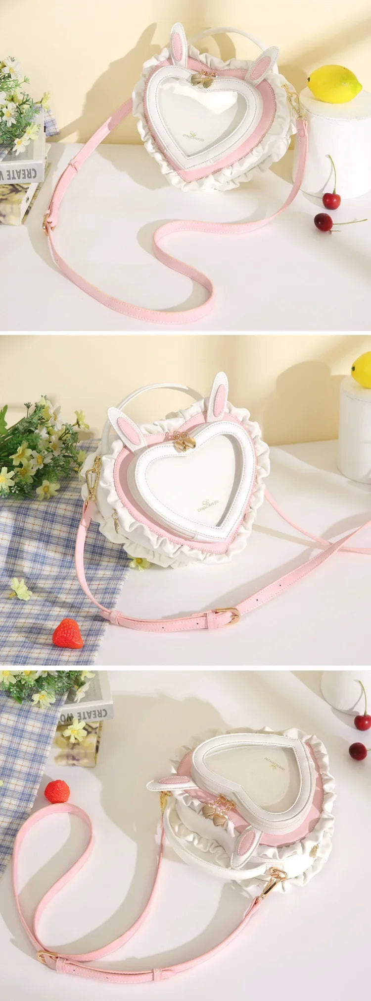 Heart-Shaped Rabbit Ear Clear Shoulder Bag – Pink or Light Blue Kawaii Purse