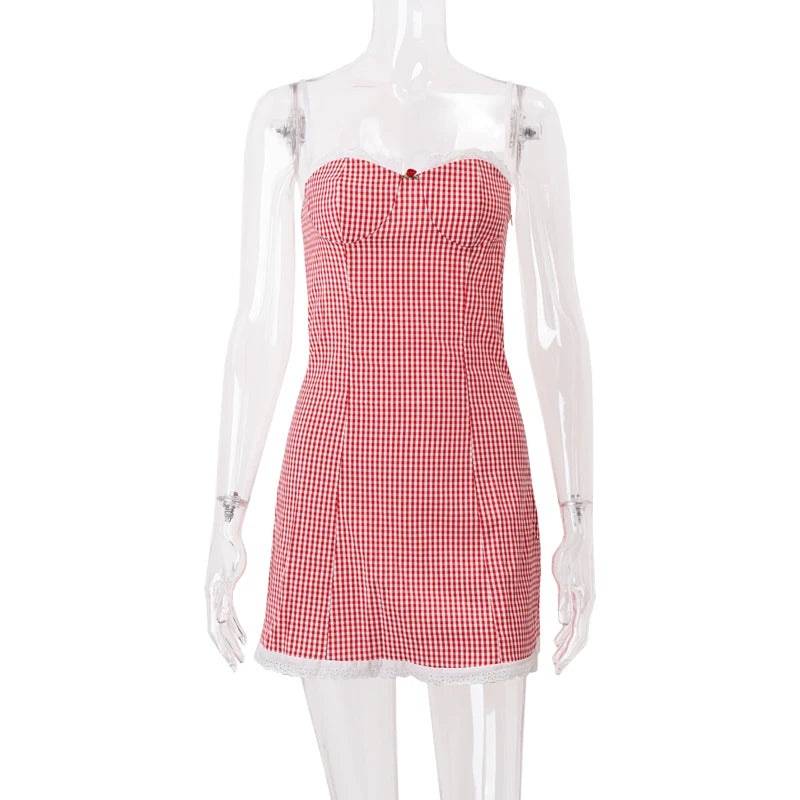 WhereMery Plaid Y2K Lace Vintage Spaghetti Strap Mini Dresses Backless Aesthetic Casual Slim Dress Evening Party Summer Vestidos