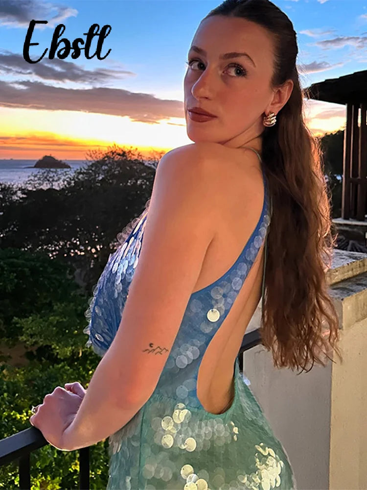 Sequins Halter Hollow Out Dress Women's Sexy Backless Sleeveless Contrast Color Mini Dresses 2025 Summer New Lady Beach Robes
