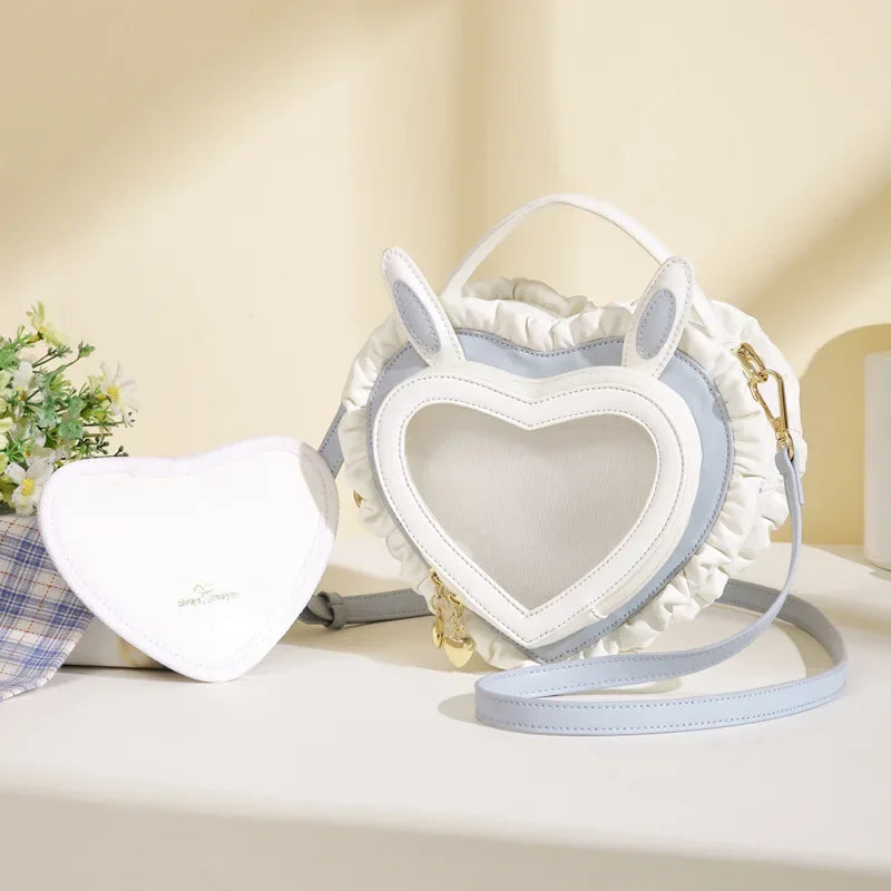 Heart-Shaped Rabbit Ear Clear Shoulder Bag – Pink or Light Blue Kawaii Purse