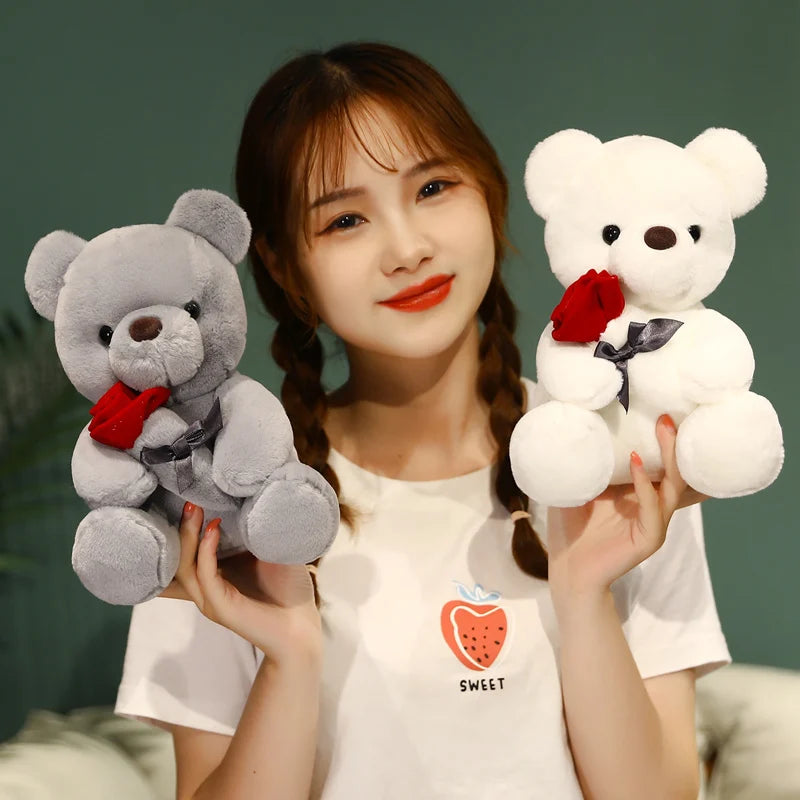 Kawaii Love Bear Plush – Soft Stuffed Animal with Rose for Gifts & Decor