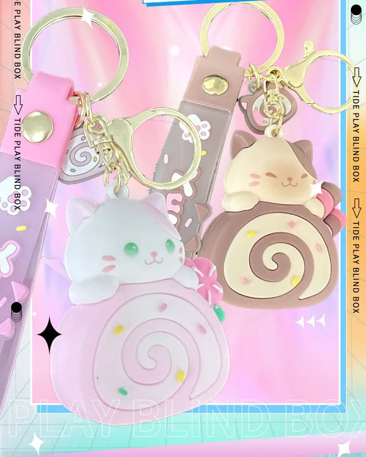 Cute Cat Egg Roll Key Chain Kawaii Kitty Cake Doll School Bag Accessories Keyring Cartoon Pendant Keyfob for Couple Jewelry Gift