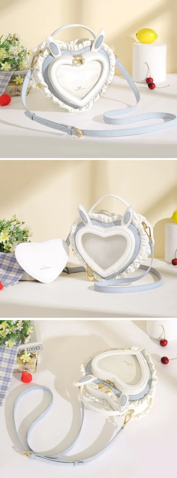 Heart-Shaped Rabbit Ear Clear Shoulder Bag – Pink or Light Blue Kawaii Purse