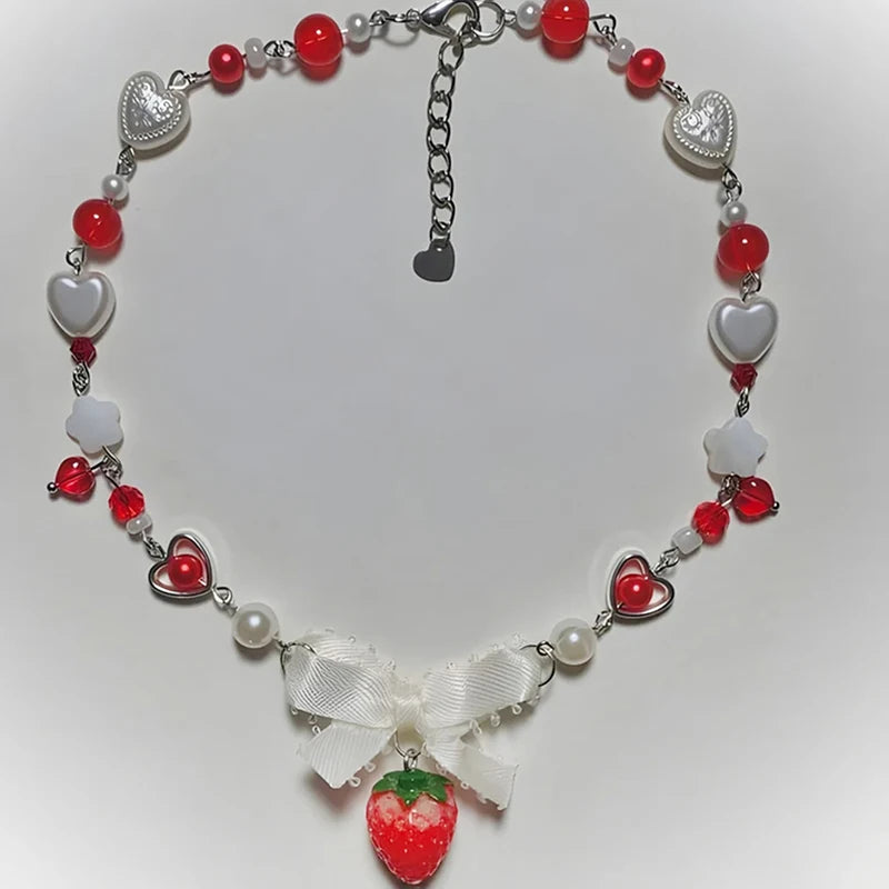 Strawberry Bow Heart Necklace