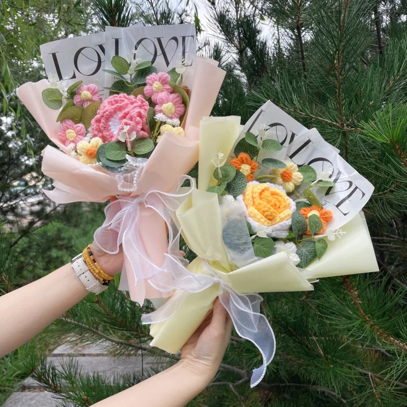 Finished Knitted Rose Sunflowers Carnations Crochet Handmade Bouquets Valentine Mothers' Day Birthday Graduation Gift