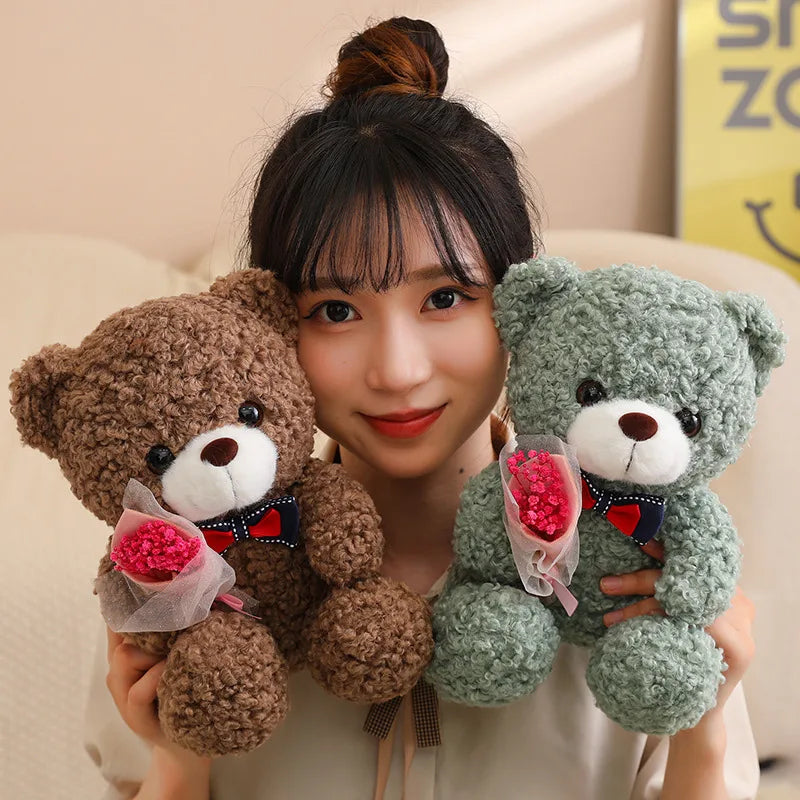 Kawaii Teddy Bear Plush – Soft Stuffed Animal with Mini Bouquet for Gifting & Decor