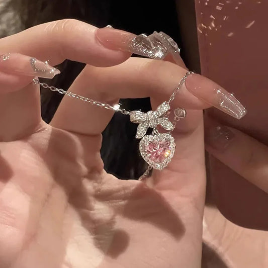 Pink Heart Bow Pendant Necklace