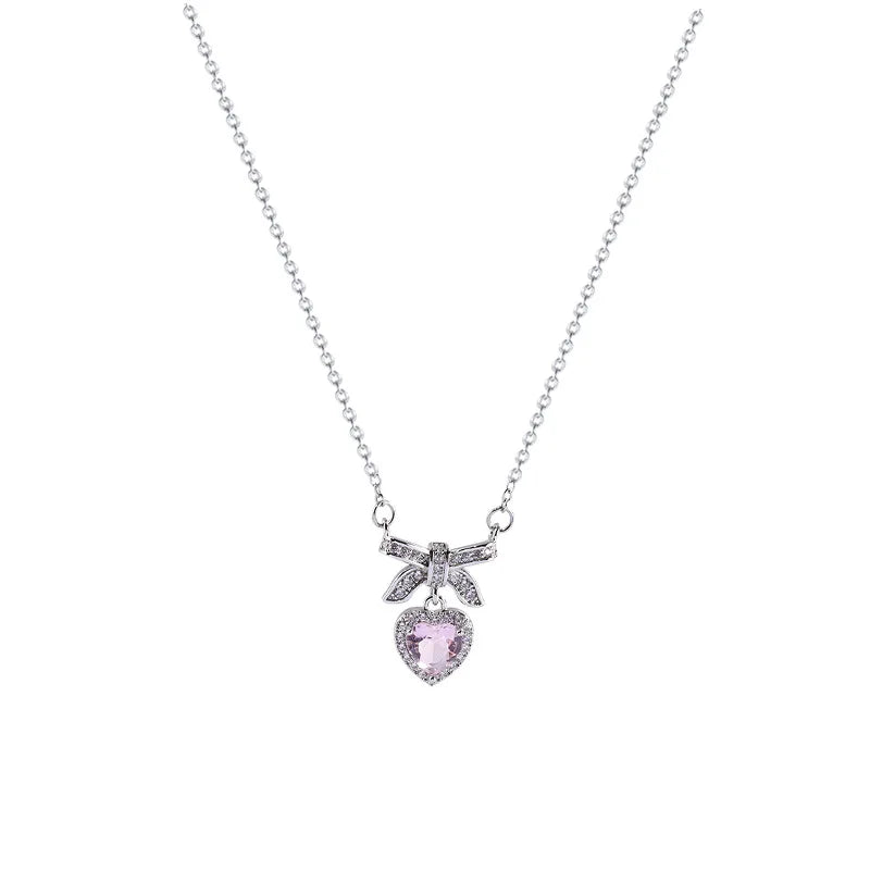 Pink Heart Bow Pendant Necklace