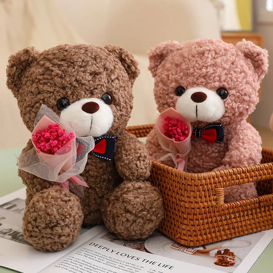 Kawaii Teddy Bear Plush – Soft Stuffed Animal with Mini Bouquet for Gifting & Decor