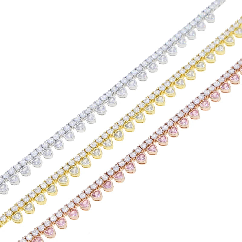 2025 Valentine's Day 3 Color Bezel Heart Shaped Charm 3MM CZ Tennis Chain 16inches Choker Women Iced Out Bling Necklace