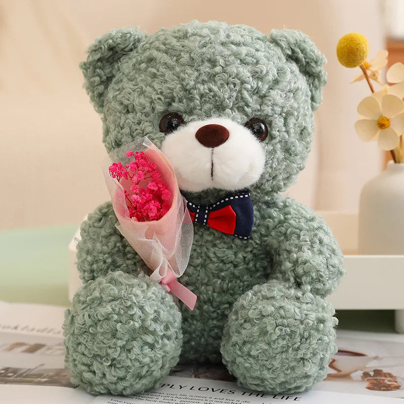 Kawaii Teddy Bear Plush – Soft Stuffed Animal with Mini Bouquet for Gifting & Decor