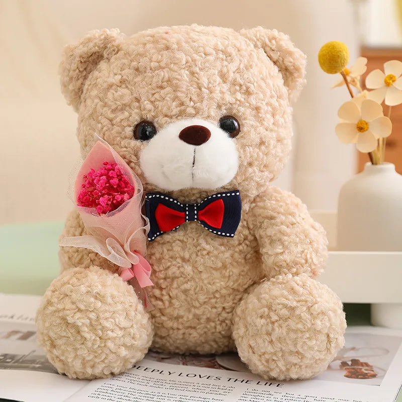 Kawaii Teddy Bear Plush – Soft Stuffed Animal with Mini Bouquet for Gifting & Decor