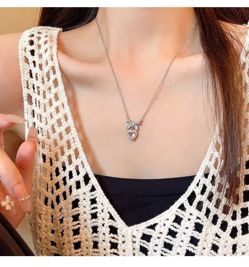 Pink Heart Bow Pendant Necklace