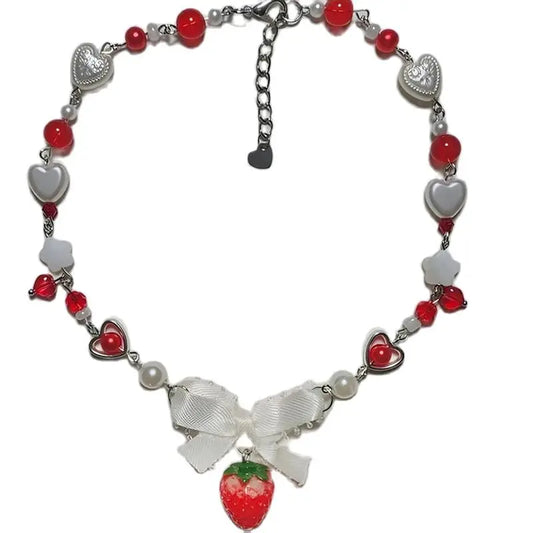 Strawberry Bow Heart Necklace