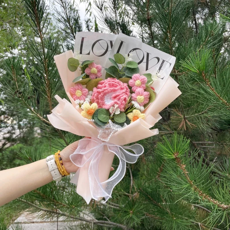 Finished Knitted Rose Sunflowers Carnations Crochet Handmade Bouquets Valentine Mothers' Day Birthday Graduation Gift