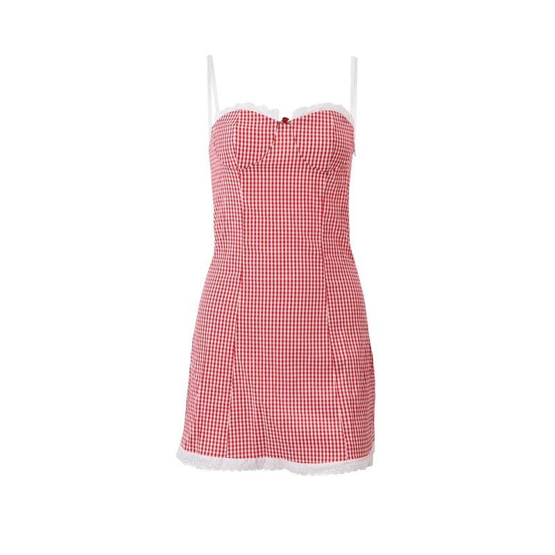 WhereMery Plaid Y2K Lace Vintage Spaghetti Strap Mini Dresses Backless Aesthetic Casual Slim Dress Evening Party Summer Vestidos