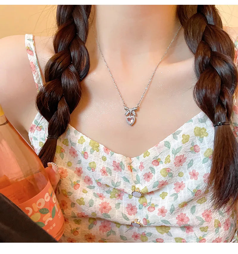 Pink Heart Bow Pendant Necklace