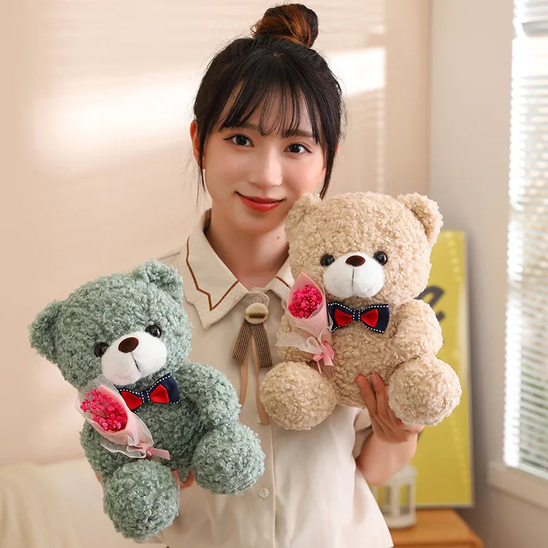 Kawaii Teddy Bear Plush – Soft Stuffed Animal with Mini Bouquet for Gifting & Decor
