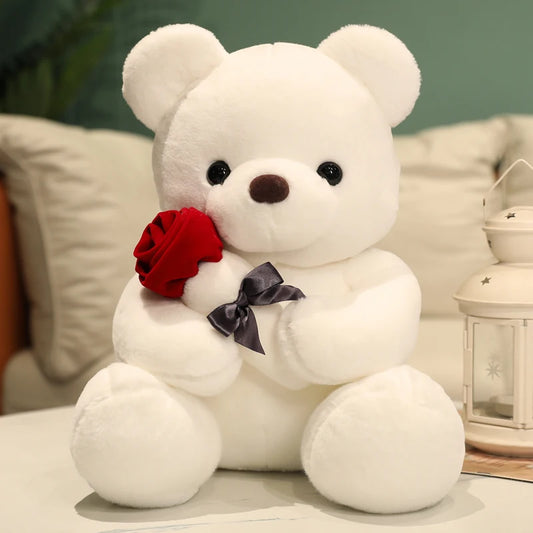Kawaii Love Bear Plush – Soft Stuffed Animal with Rose for Gifts & Decor
