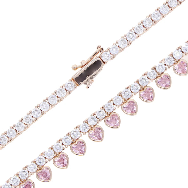 2025 Valentine's Day 3 Color Bezel Heart Shaped Charm 3MM CZ Tennis Chain 16inches Choker Women Iced Out Bling Necklace