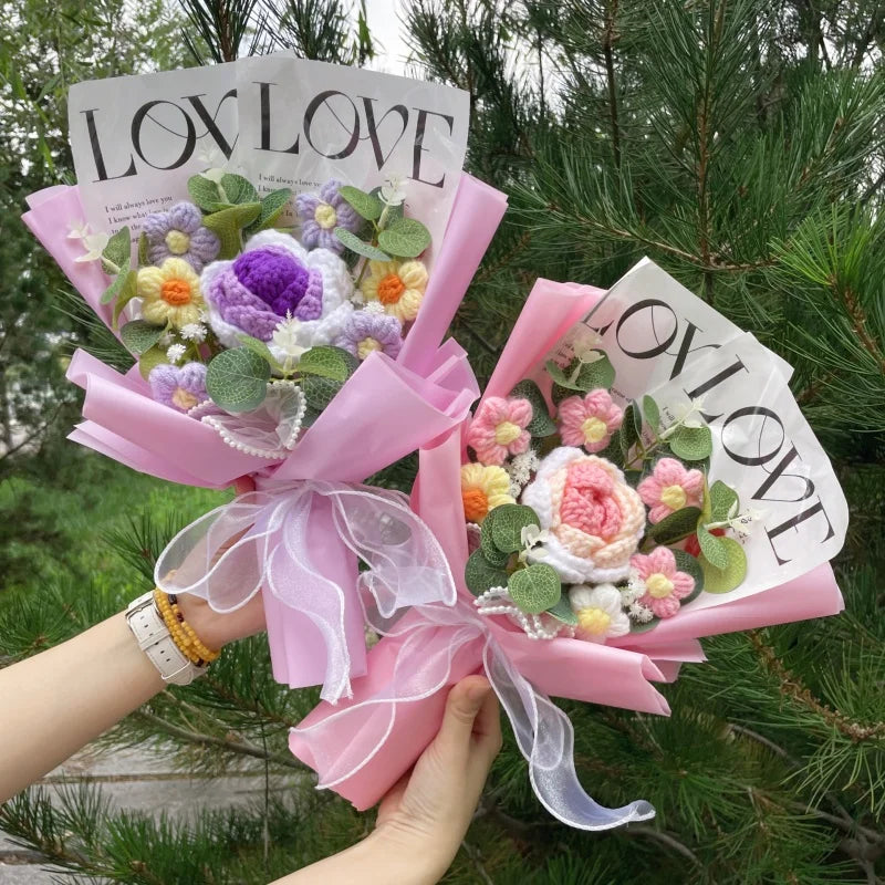 Finished Knitted Rose Sunflowers Carnations Crochet Handmade Bouquets Valentine Mothers' Day Birthday Graduation Gift