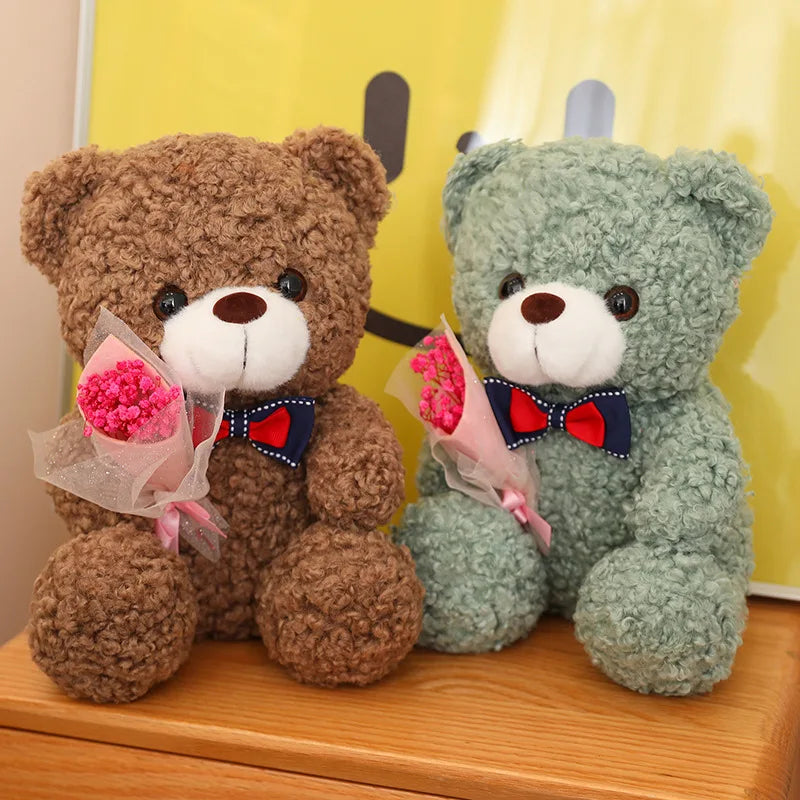 Kawaii Teddy Bear Plush – Soft Stuffed Animal with Mini Bouquet for Gifting & Decor