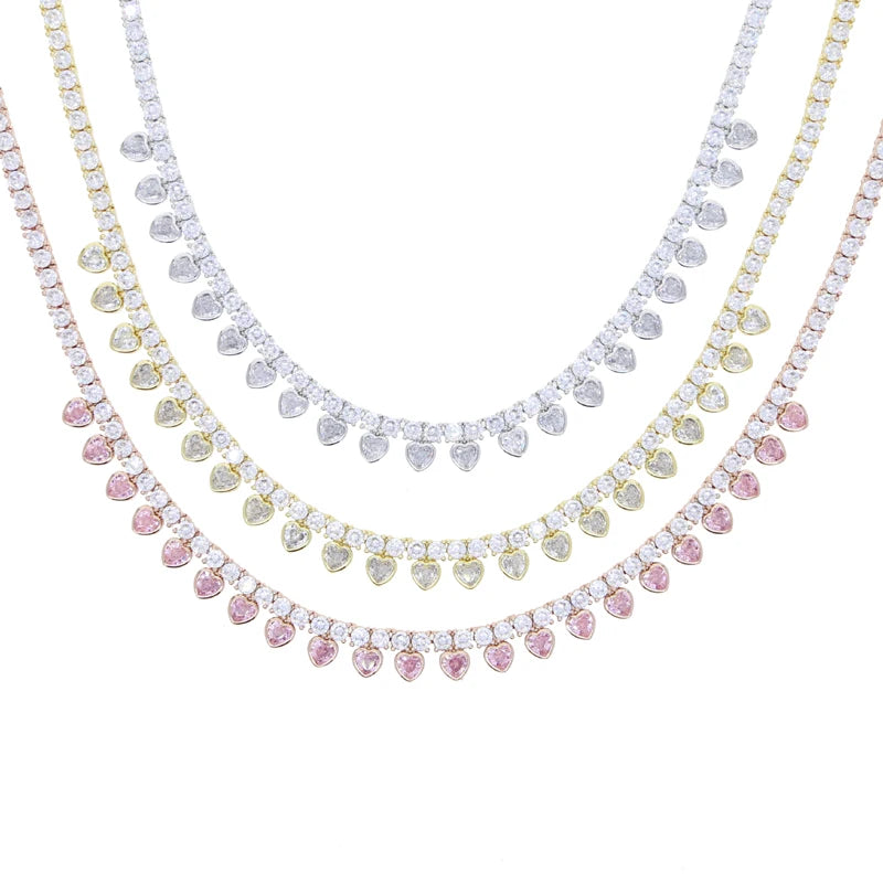 2025 Valentine's Day 3 Color Bezel Heart Shaped Charm 3MM CZ Tennis Chain 16inches Choker Women Iced Out Bling Necklace