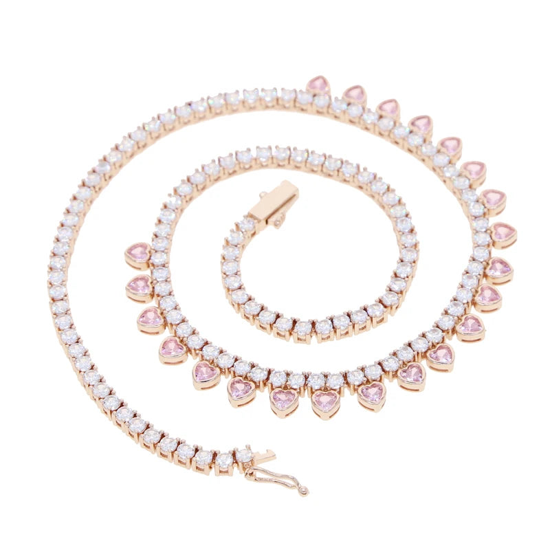 2025 Valentine's Day 3 Color Bezel Heart Shaped Charm 3MM CZ Tennis Chain 16inches Choker Women Iced Out Bling Necklace
