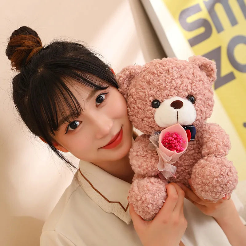 Kawaii Teddy Bear Plush – Soft Stuffed Animal with Mini Bouquet for Gifting & Decor