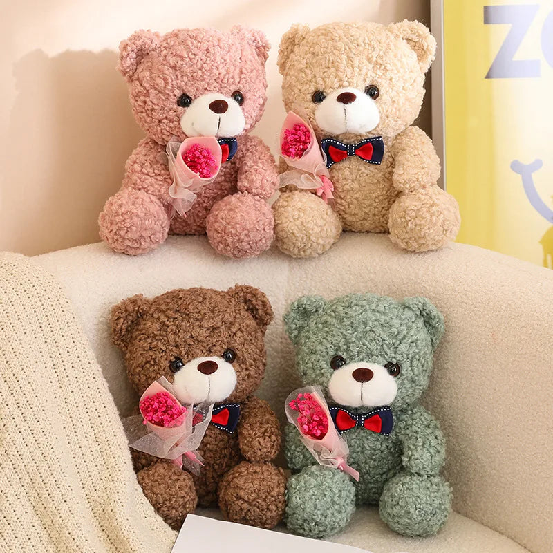 Kawaii Teddy Bear Plush – Soft Stuffed Animal with Mini Bouquet for Gifting & Decor