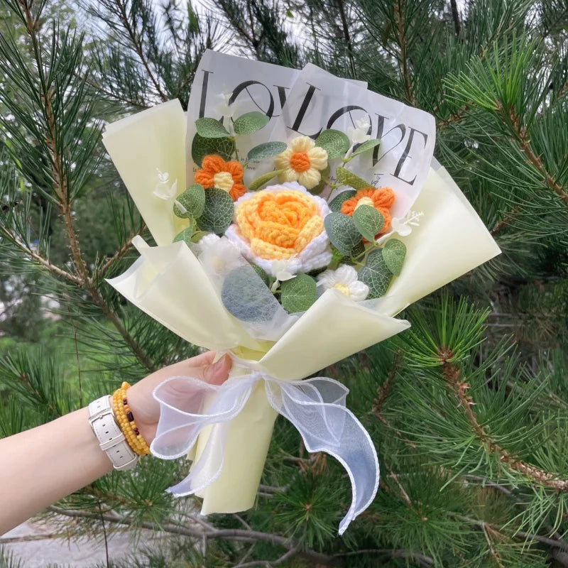 Finished Knitted Rose Sunflowers Carnations Crochet Handmade Bouquets Valentine Mothers' Day Birthday Graduation Gift