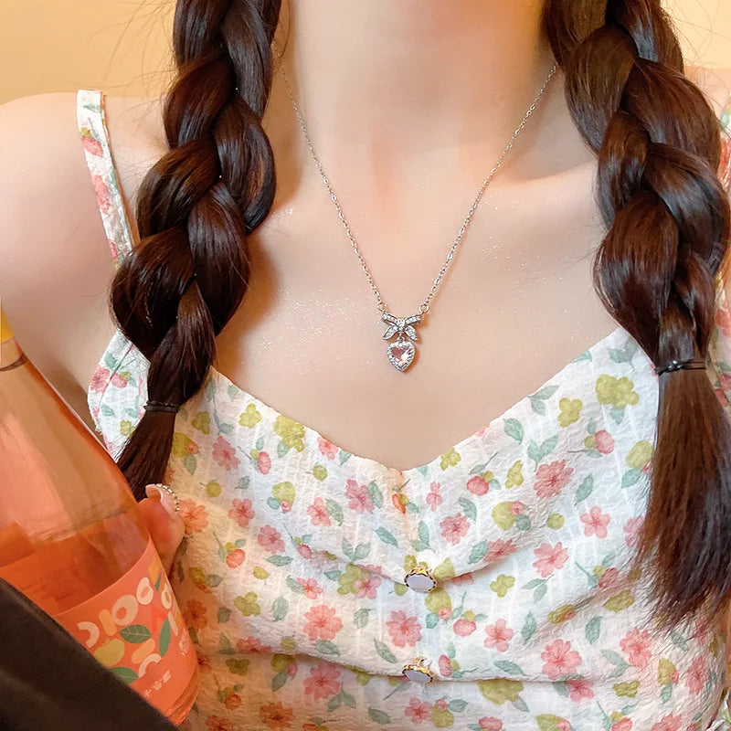 Pink Heart Bow Pendant Necklace