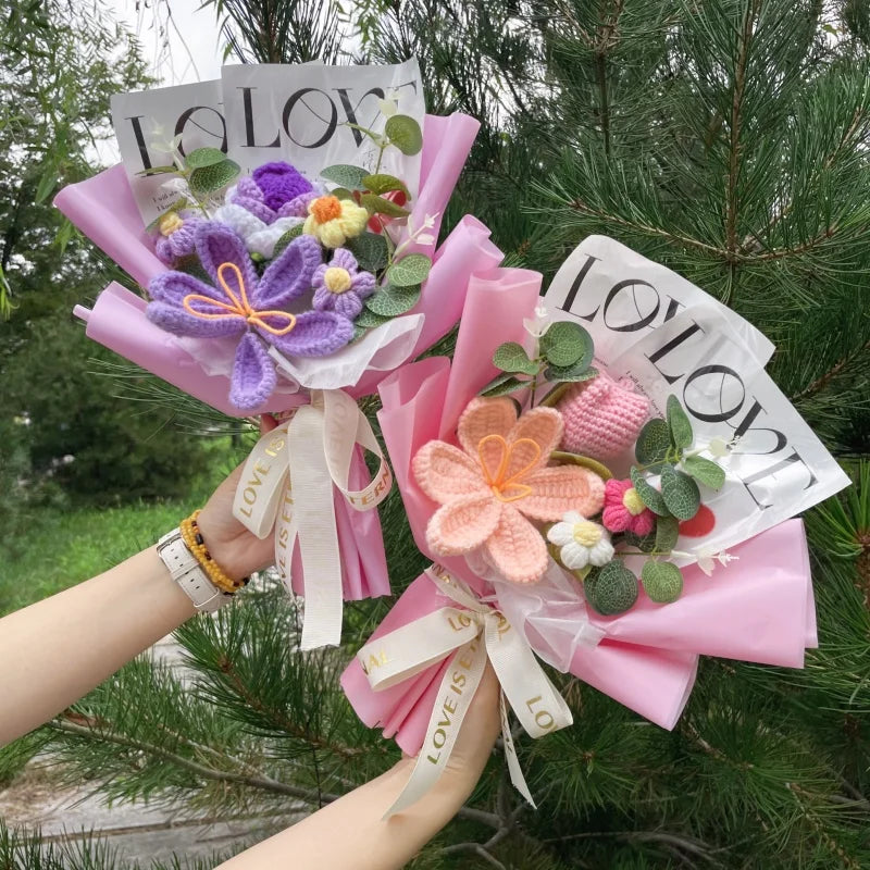 Finished Knitted Rose Sunflowers Carnations Crochet Handmade Bouquets Valentine Mothers' Day Birthday Graduation Gift