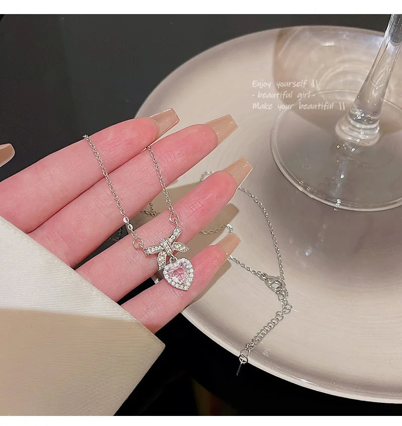Pink Heart Bow Pendant Necklace