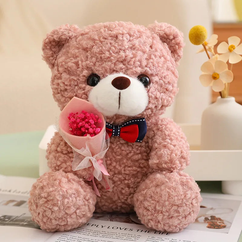 Kawaii Teddy Bear Plush – Soft Stuffed Animal with Mini Bouquet for Gifting & Decor